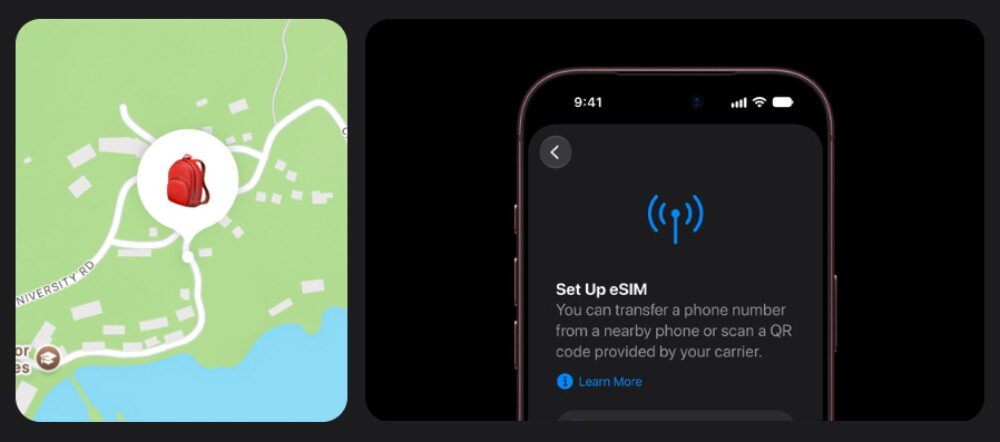 Smartfon APPLE iPhone 18 Pro Zestawienie dwóch grafik: po lewej mapa z zaznaczoną ikoną plecaka, po prawej ekran smartfona z menu konfiguracji karty 'Set Up eSIM'