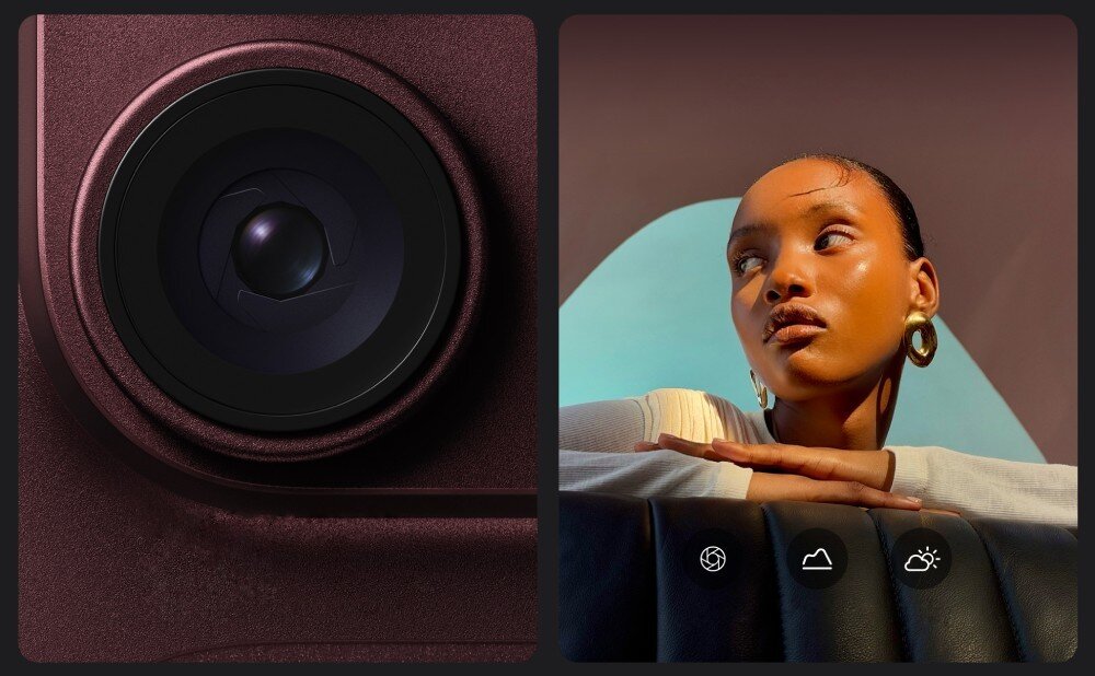 Smartfon APPLE iPhone 18 Pro Max Zestawienie dwóch grafik: po lewej zbliżenie na obiektyw aparatu smartfona, po prawej zdjęcie kobiety patrzącej w górę z ikonicznymi menu edycji