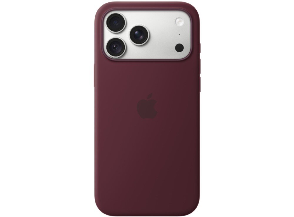 Burgundowe etui silikonowe z logo Apple, przeznaczone do telefonu z trzema obiektywami aparatu i lampą błyskową.