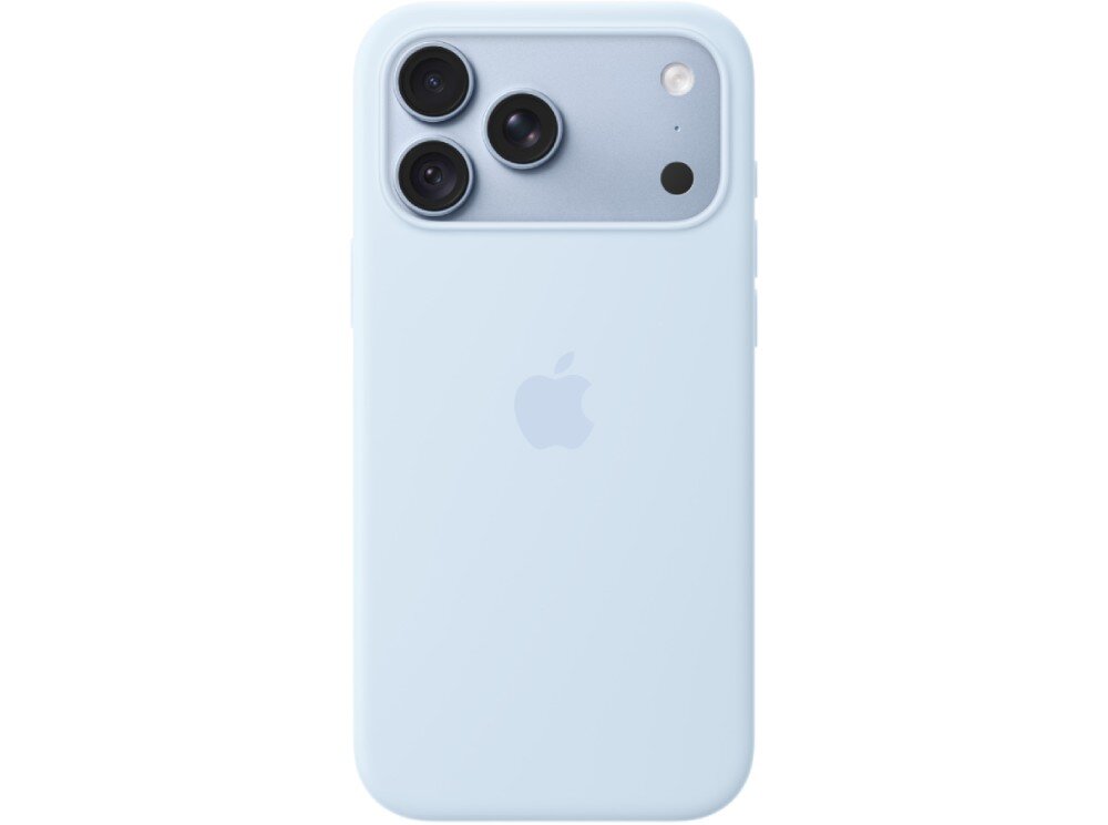 Na obrazie widoczne jest jasnoniebieskie etui na telefon z trzema otworami na aparaty fotograficzne oraz logo w kształcie nadgryzionego jabłka.