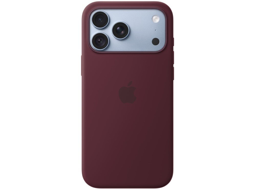 Na obrazie widoczne jest etui w kolorze burgundowym z logo Apple, przeznaczone do telefonu z trzema obiektywami aparatu i lampą błyskową.