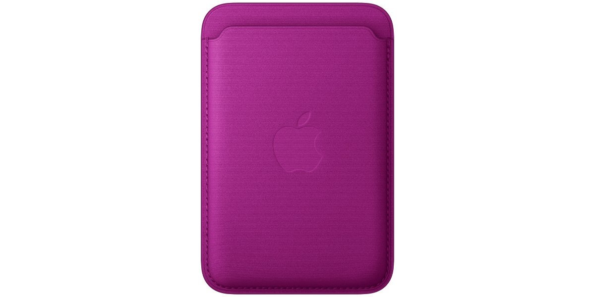 Burgundowe etui z logo Apple na środku, wykonane z materiału o gładkiej fakturze.