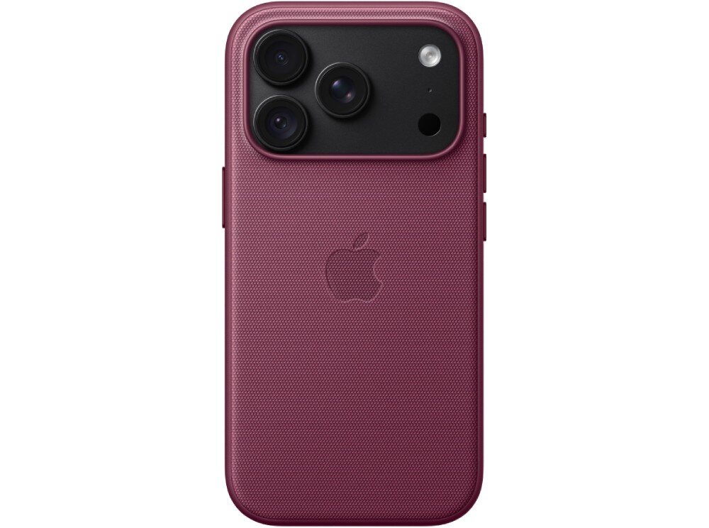 Etui APPLE TechWoven Case MagSafe do Apple iPhone 18 Pro Tylna strona smartfona w etui z teksturowanego materiału ze znanym logo jabłka na środku i wyspą aparatów z trzema obiektywami w górnej części