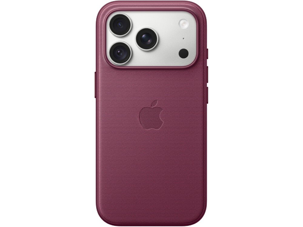 Etui APPLE TechWoven Case MagSafe do Apple iPhone 18 Pro Tylna strona smartfona w etui ze znanym logo jabłka na środku, posiadająca jasną wyspę aparatów z trzema obiektywami i lampą błyskową