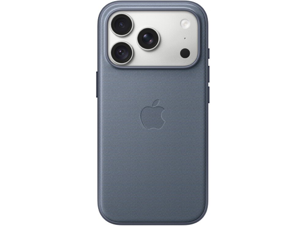Etui APPLE TechWoven Case MagSafe do Apple iPhone 18 Pro Tylna strona smartfona w etui z teksturowanego materiału ze znanym logo jabłka na środku i wyspą aparatów z trzema obiektywami w górnej części