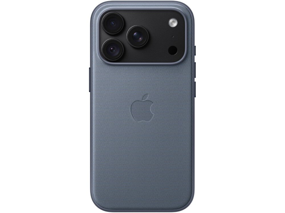Etui APPLE TechWoven Case MagSafe do Apple iPhone 18 Pro Tylna strona smartfona w etui ze znanym logo jabłka na środku, posiadająca jasną wyspę aparatów z trzema obiektywami i lampą błyskową