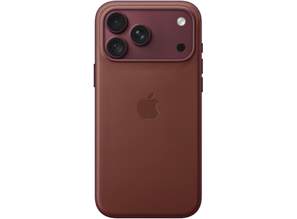 Etui APPLE TechWoven Case MagSafe do Apple iPhone 18 Pro Max Tylna strona smartfona w etui z teksturowanego materiału ze znanym logo jabłka na środku i wyspą aparatów z trzema obiektywami w górnej części