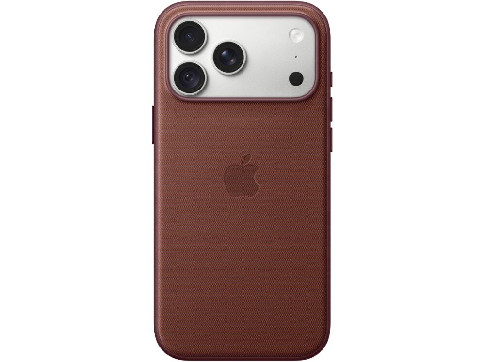 Etui APPLE TechWoven Case MagSafe do Apple iPhone 18 Pro Max Tylna strona smartfona w etui ze znanym logo jabłka na środku, posiadająca jasną wyspę aparatów z trzema obiektywami i lampą błyskową