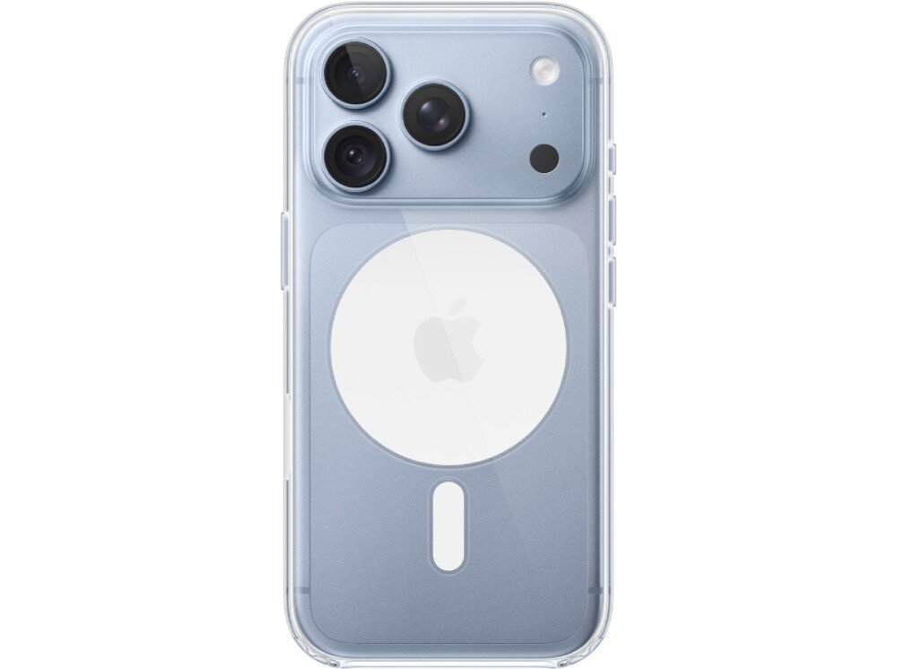 Etui APPLE Clear Case MagSafe Apple iPhone 18 Pro Max Tylna strona telefonu w przezroczystym etui z widoczną wyspą aparatów oraz okrągłym magnetycznym pierścieniem
