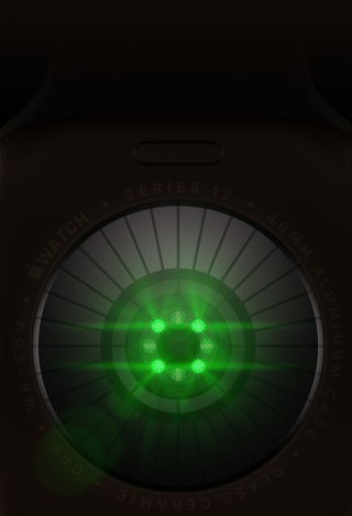 Zbliżenie na tylną część zegarka z widocznymi zielonymi diodami świecącymi w okręgu. Na krawędzi widoczny jest tekst: \'WATCH SERIES 12 42MM ALUMINUM CASE\'.