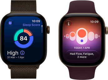 Dwa smartwatche z wyświetlonymi ekranami; lewy pokazuje wynik snu 84 z datą 31 Mar - 1 Apr, a prawy ekran z datą TODAY, 1 APR i tekstem \'Had Flow, Fatigue, 2 more\'.