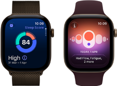 Dwa smartwatche z wyświetlonymi ekranami; jeden pokazuje wynik snu 84 z datą 31 mar - 1 kwi, drugi ma kolorowy wykres z datą 1 kwi i tekstem \'Had Flow, Fatigue, 2 more\'.