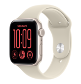 Smartwatch z jasną kopertą i paskiem, wyświetlający godzinę 10:09 oraz datę WED 1 APR na czarnym tle z czerwonymi cyframi.