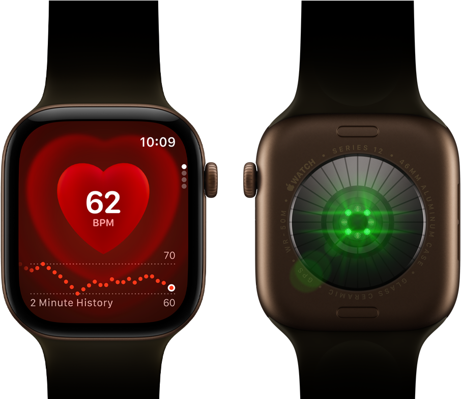Na obrazie widoczny jest smartwatch z ciemną kopertą i bransoletą, z przodu wyświetlacz pokazuje puls 62 BPM oraz wykres historii pomiaru. Z tyłu zegarka widoczny jest zielony czujnik oraz napisy: \'WATCH\', \'SERIES 12\', \'46MM ALUMINUM CASE\', \'WR 50M\', \'CERAMIC\'.