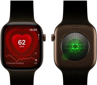 Na obrazie widoczny jest smartwatch z ciemną kopertą i bransoletą, z wyświetlaczem pokazującym puls 62 BPM oraz wykres historii pomiarów. Obok znajduje się tył zegarka z widocznymi sensorami.