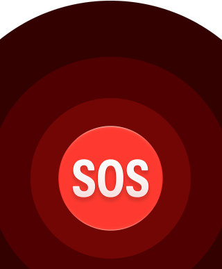 Czerwony przycisk z napisem \'SOS\' na ciemnym tle z koncentrycznymi okręgami.