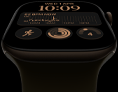 Apple Watch Series 12 z kopertą z aluminium w kolorze ciemnego brązu, tarcza Moduły, komplikacje: dzień i data, Treningi, Pierścienie aktywności, Apple&nbsp;Music, widoczny prawy bok urządzenia, pokrętło Digital Crown, pasek sportowy w kolorze oliwki