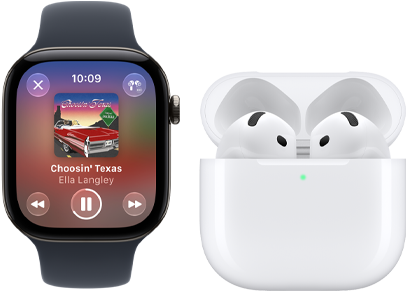 Na obrazie widoczny jest smartwatch z wyświetlaczem pokazującym okładkę albumu \'Choosin\' Texas\' Ella Langley oraz słuchawki douszne w białym etui z zieloną diodą.