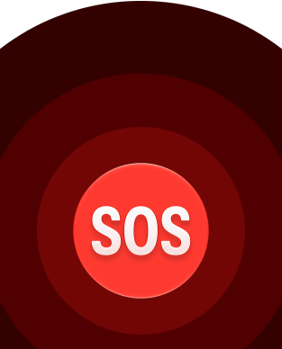 Czerwony przycisk z napisem \'SOS\' na ciemnym tle z koncentrycznymi okręgami.