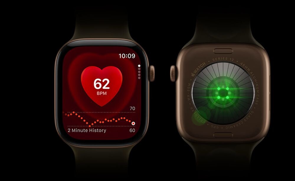 Apple Watch Series 12 zaawansowany pomiar tętna czujnik optyczny zielone diody LED