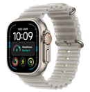 Smartwatch z prostokątnym ekranem wyświetlającym godzinę 10:09, datę \'WED 9\', oraz kilka ikon aplikacji. Pasek zegarka jest jasny z teksturą, a koperta ma metaliczny wygląd.