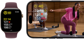 Na obrazie widoczny jest smartwatch z ciemnym paskiem oraz ekran telefonu z aplikacją fitness, na którym widać dane takie jak czas, tętno i spalone kalorie. W tle osoba ćwicząca w jasnym pomieszczeniu.