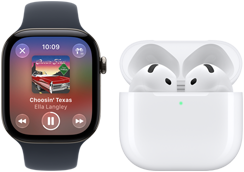 Na obrazie widoczny jest smartwatch z wyświetlaczem pokazującym odtwarzacz muzyki oraz bezprzewodowe słuchawki w etui ładującym. Na ekranie zegarka widnieje tekst: \'Choosin\' Texas, Ella Langley\'.
