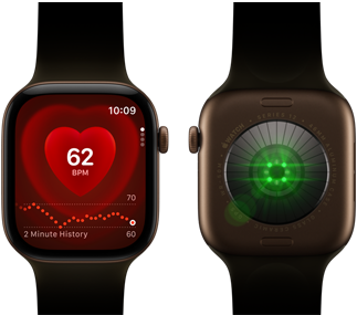 Na obrazie widoczny jest smartwatch z ciemną kopertą i bransoletą, z wyświetlaczem pokazującym puls 62 BPM oraz wykres historii pomiarów. Obok znajduje się tył zegarka z widocznymi sensorami.