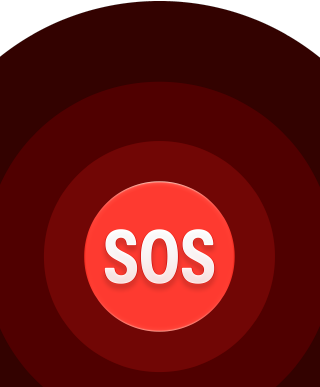 Czerwony przycisk z napisem \'SOS\' na ciemnym tle z koncentrycznymi okręgami.