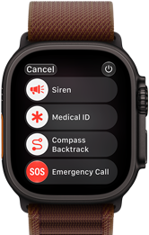 Zegarek z wyświetlaczem pokazującym menu z opcjami: Siren, Medical ID, Compass Backtrack, Emergency Call. Widoczny jest przycisk \'Cancel\'.