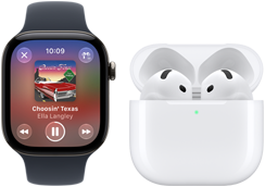 Na obrazie widoczny jest smartwatch z wyświetlaczem pokazującym odtwarzacz muzyki oraz bezprzewodowe słuchawki w etui ładującym. Na ekranie zegarka widnieje tekst: \'Choosin\' Texas, Ella Langley\'.