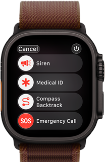 Ekran zegarka z widocznymi opcjami: Cancel, Siren, Medical ID, Compass Backtrack, SOS Emergency Call. Zegarek ma ciemną kopertę i kolorowy pasek.