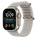 Smartwatch z prostokątnym ekranem wyświetlającym godzinę 10:09, datę \'WED 9\', oraz kilka ikon aplikacji. Pasek zegarka jest jasny z teksturą, a koperta ma metaliczny wygląd.