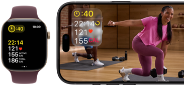 Na obrazie widoczny jest smartwatch z wyświetlaczem pokazującym czas 10:09 oraz dane aktywności fizycznej: 22:14 ACTIVE, 121 TOTAL, 186 CAL. Obok znajduje się ekran telefonu z aplikacją fitness, na którym widać osobę ćwiczącą w pomieszczeniu.