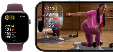 Na obrazie widoczny jest smartwatch z wyświetlaczem pokazującym czas 10:09 oraz dane aktywności fizycznej: 22:14 ACTIVE, 121 TOTAL, 186 CAL. Obok znajduje się ekran telefonu z aplikacją fitness, na którym widać osobę ćwiczącą w pomieszczeniu.