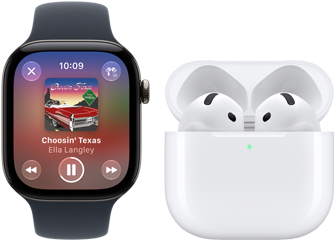 Na obrazie widoczny jest smartwatch z wyświetlaczem pokazującym okładkę albumu muzycznego oraz słuchawki bezprzewodowe w etui ładującym. Na ekranie zegarka widnieje tekst: \'Choosin\' Texas Ella Langley\'.