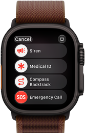 Zegarek z wyświetlaczem pokazującym menu z opcjami: Siren, Medical ID, Compass Backtrack, Emergency Call. Widoczny jest przycisk \'Cancel\'.