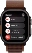 Smartwatch z ciemną kopertą i kolorowym paskiem wyświetla menu z opcjami: \'Cancel\', \'Siren\', \'Medical ID\', \'Compass Backtrack\', \'SOS Emergency Call\'.