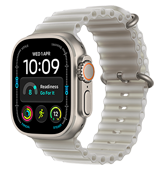 Smartwatch z metalową kopertą i jasnym paskiem, wyświetlający godzinę 10:09 oraz różne wskaźniki aktywności na ekranie.