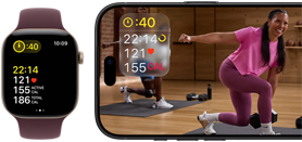 Na obrazie widoczny jest smartwatch z ciemnym paskiem oraz ekran telefonu z aplikacją fitness, na którym widać dane takie jak czas, tętno i spalone kalorie. W tle osoba ćwicząca w jasnym pomieszczeniu.