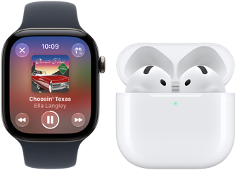 Na obrazie widoczny jest smartwatch z wyświetlaczem pokazującym okładkę albumu muzycznego oraz słuchawki bezprzewodowe w etui ładującym. Na ekranie zegarka widnieje tekst: \'Choosin\' Texas Ella Langley\'.