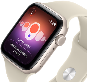 Smartwatch z aluminiową kopertą w kolorze księżycowej poświaty i sportowym paskiem w kolorze piaskowym. Na ekranie widoczny jest kolorowy interfejs z datą \'TODAY APR 1\' i tekstem \'Had Flow, Fatigue, 2 more\'.