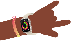 Obraz przedstawia smartwatch z jasnym paskiem i kolorowym wyświetlaczem, na którym widoczne są okrągłe wskaźniki aktywności. W tle znajduje się kolorowy gradient w kształcie strzałki.