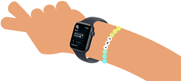 Na obrazie widoczny jest smartwatch z ciemnym paskiem i wyświetlaczem pokazującym interfejs użytkownika. Obok zegarka znajduje się kolorowa linia z oznaczeniami liczbowymi.
