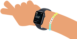 Obraz przedstawia smartwatch z ciemnym paskiem i wyświetlaczem pokazującym aplikację pogodową. W tle widoczne są kolorowe kropki ułożone w łuk.