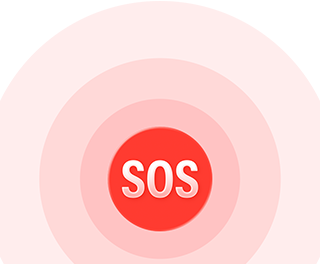 Czerwony przycisk z napisem \'SOS\' otoczony koncentrycznymi okręgami na jasnoróżowym tle.