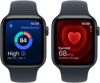 Dwa smartwatche z ciemnymi kopertami i wyświetlaczami. Na jednym ekranie widoczny jest wynik snu \'84\', a na drugim tętno \'68 BPM\'.