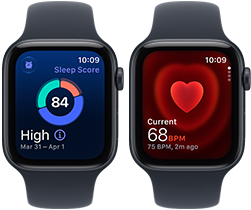 Dwa smartwatche z ciemnymi paskami, na ekranach widoczne są aplikacje: po lewej wynik snu z wartością 84, po prawej pomiar tętna z wartością 68 BPM.