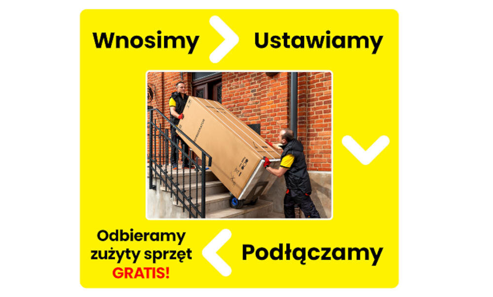 Dwóch mężczyzn wnosi duże pudełko po schodach. Na żółtym tle widnieją napisy: \'Wnosimy\', \'Ustawiamy\', \'Odbieramy zużyty sprzęt GRATIS!\', \'Podłączamy\'.