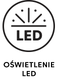 Czarny okrągły symbol z napisem \'LED\' i stylizowanymi promieniami światła nad nim.